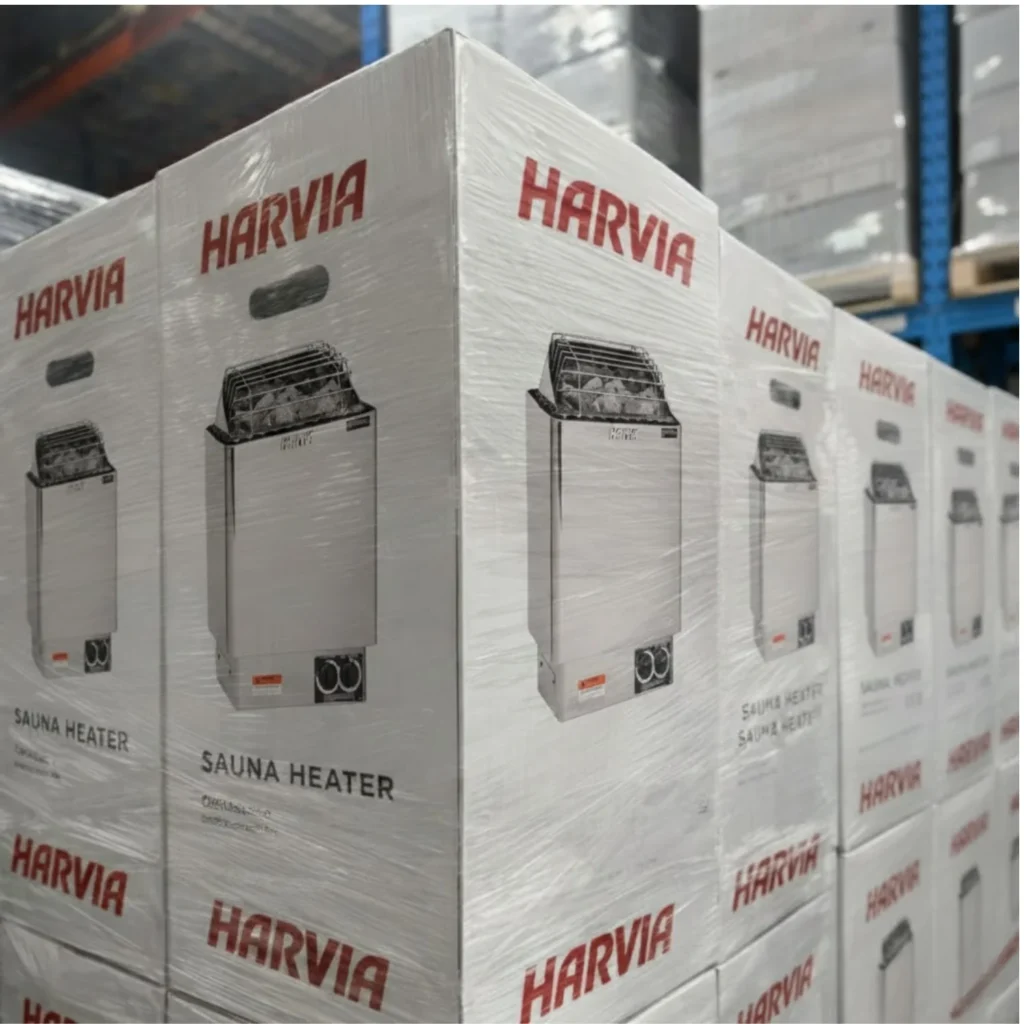 Harvia Kip electric sauna heaters packaged and ready for shipping