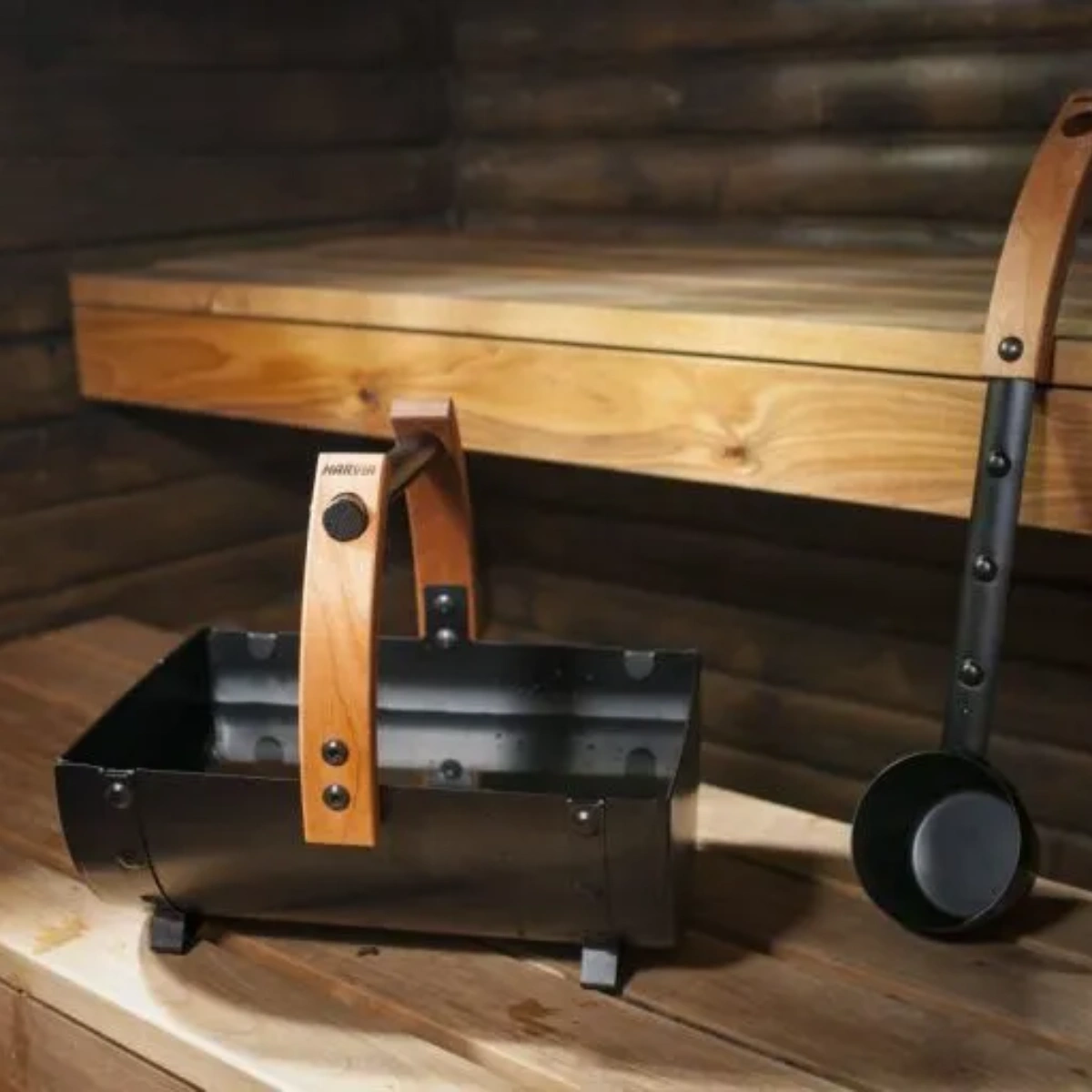 Harvia Legend Sauna Bucket and a Ladel in a sauna