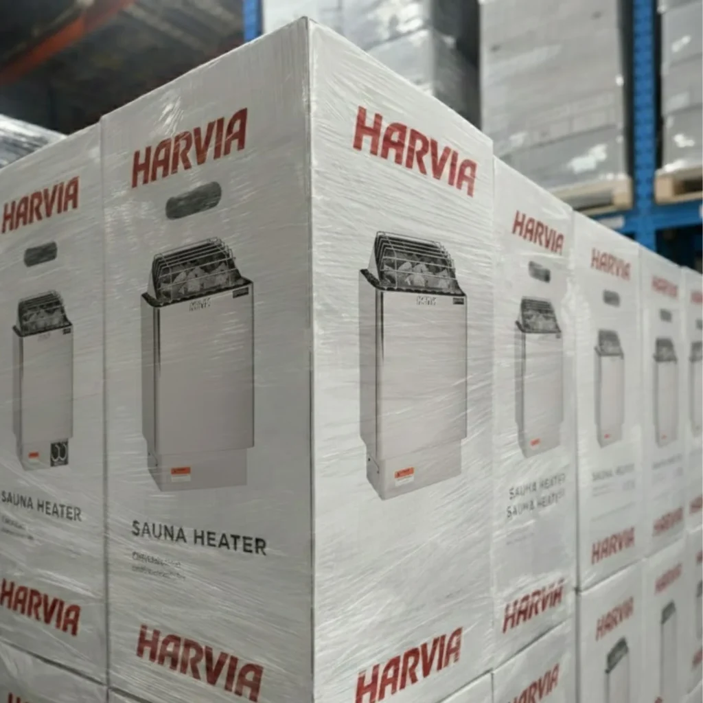 Harvia Kip W electric sauna heaters packaged and ready for shipping