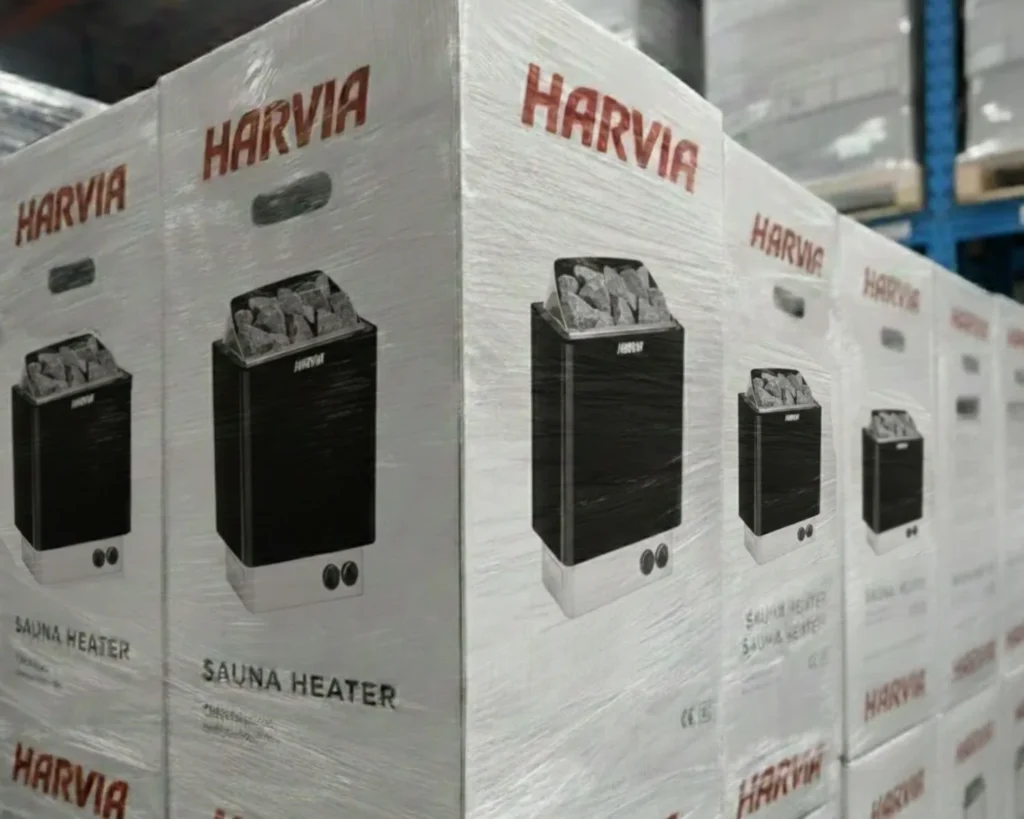 Harvia Kip B Black electric sauna heaters packaged and ready for shipping