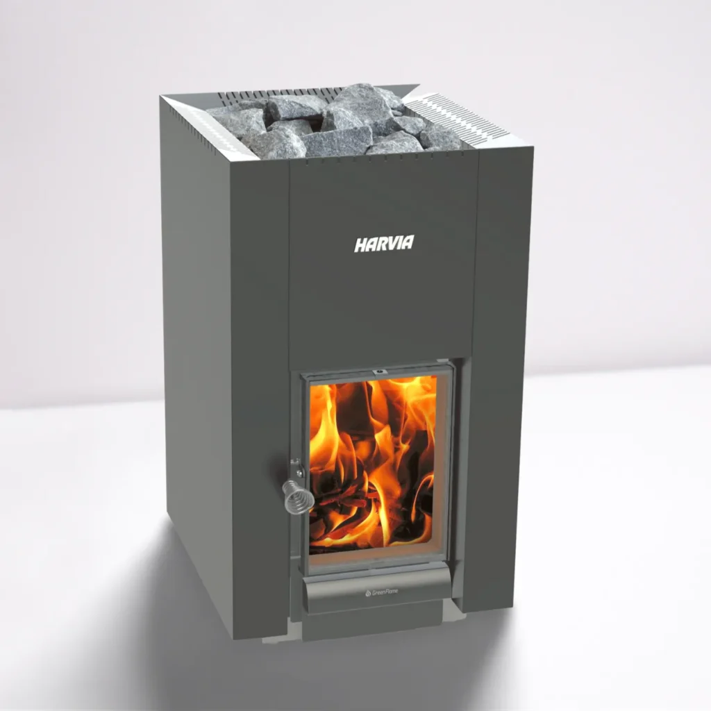 Harvia_Linear22_GreenFlame woodburning stove