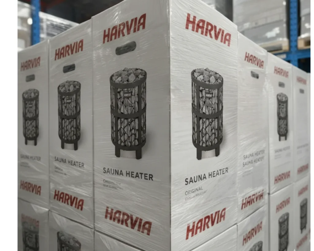 Harvia Legend electric sauna heaters packaged and ready for shipping