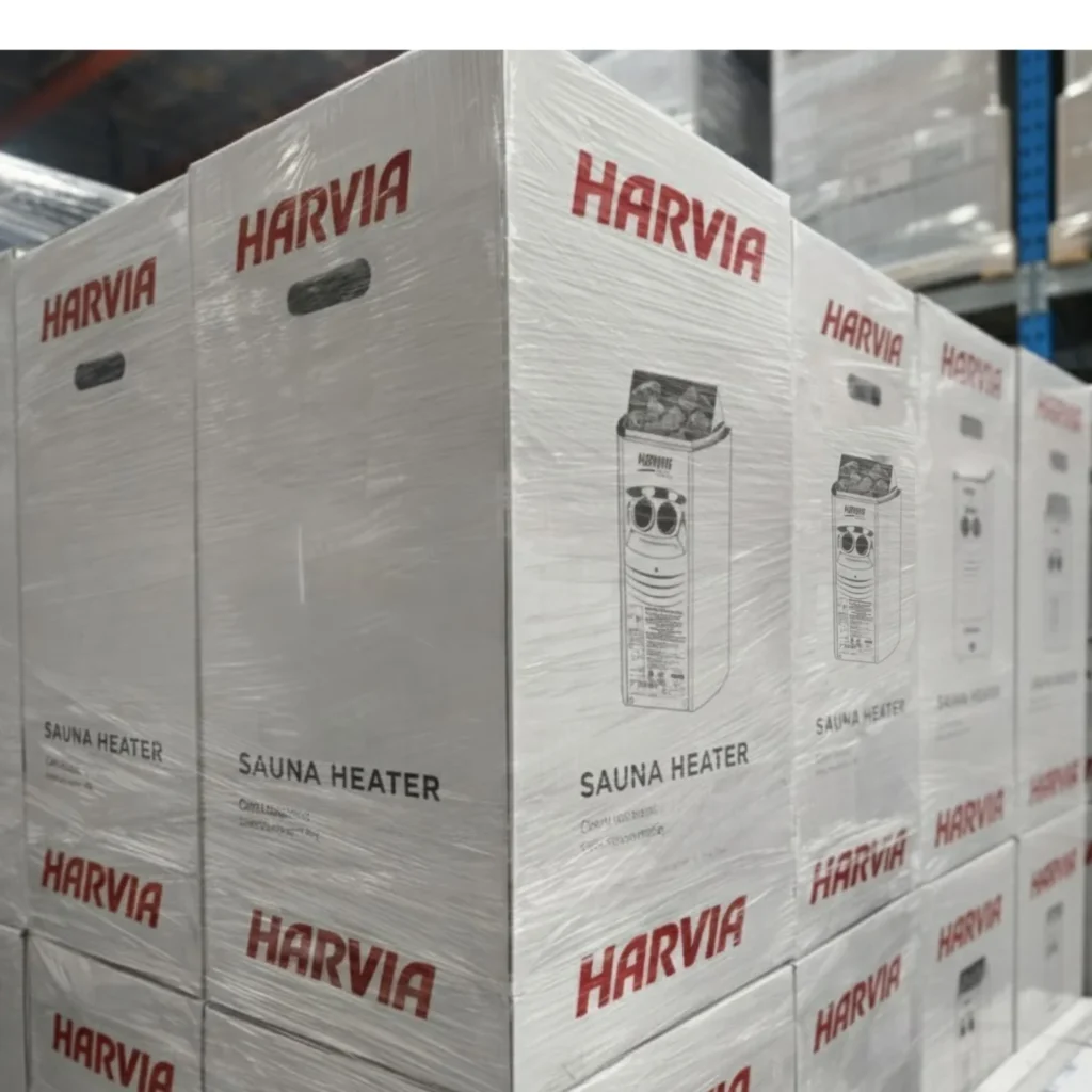 Harvia Kip electric sauna heaters packaged and ready for shipping