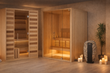 Indoor sauna inside with a heater