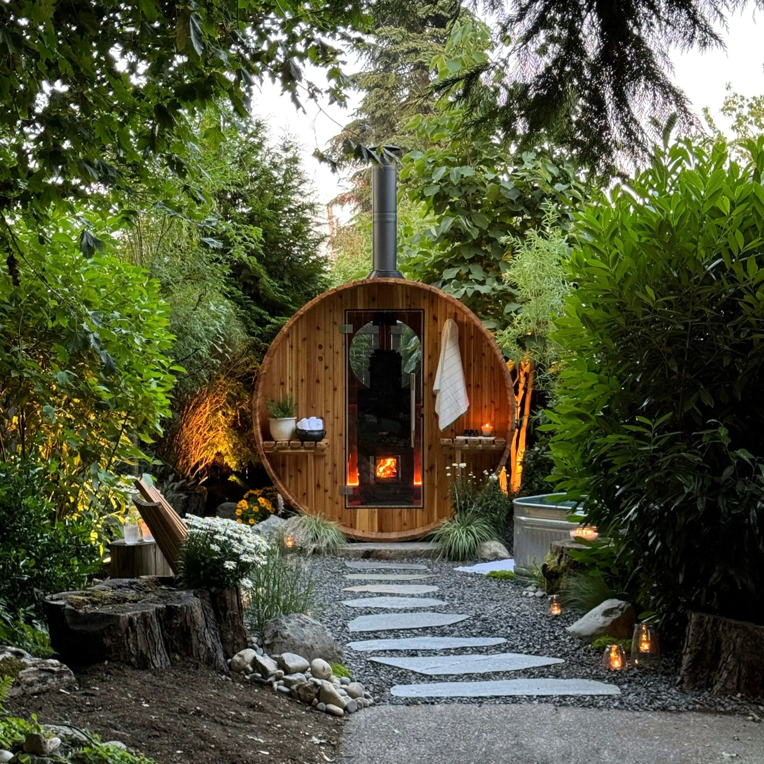 Outdoor barrel sauna